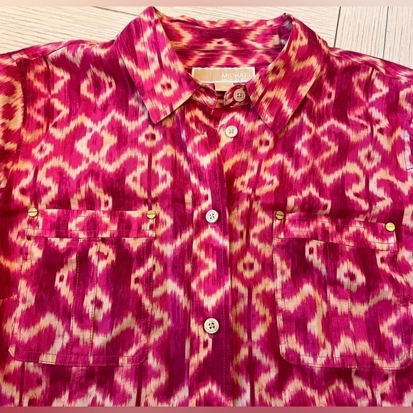 Michael Kors watercolors pink‎ & tan button down shirt w/ free pink tank. Size L - Picture 3 of 10